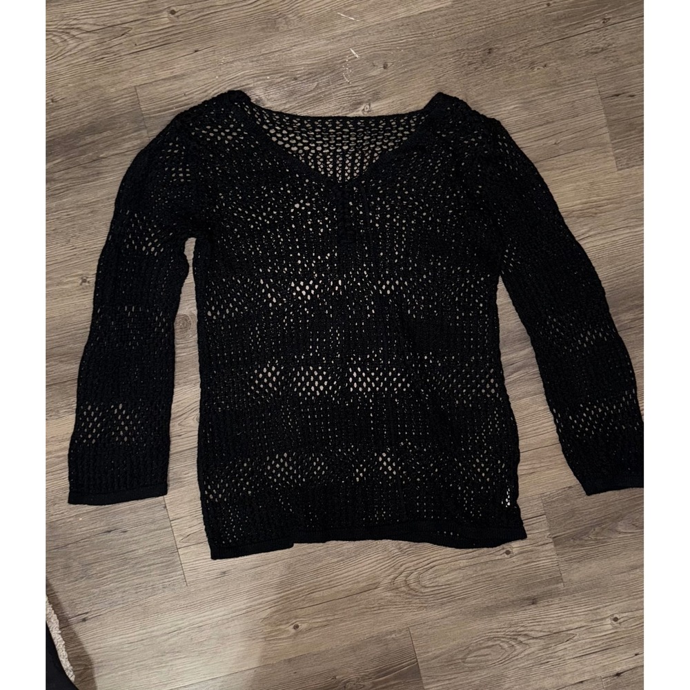 Bsubseach Black Crochet Knit V-Neck Beach Cover Up Top Long Sleeve Boho Large